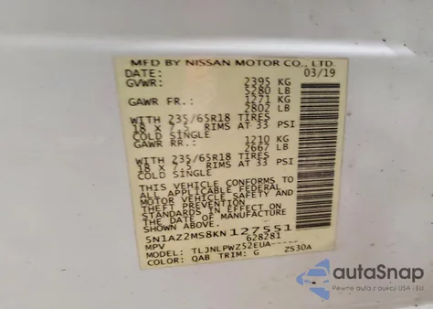 2019 Nissan Murano S z USA, uszkodzony, nr VIN 5N1AZ2MS8KN127551
